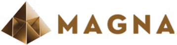 Logo of MAGNA with a stylized gold and silver triangular prism symbol to the left of the text.