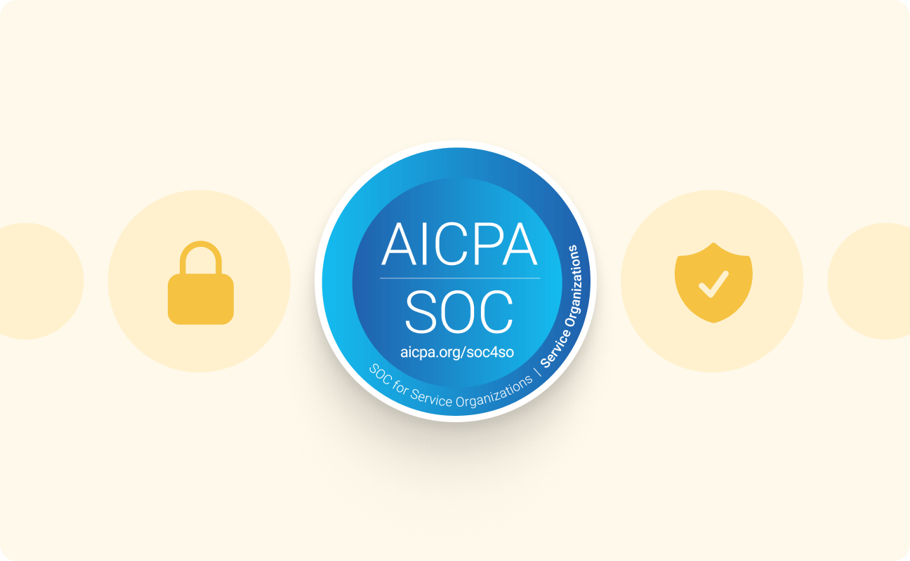 Blue AICPA SOC certification badge with padlock and shield icons on a light background.
