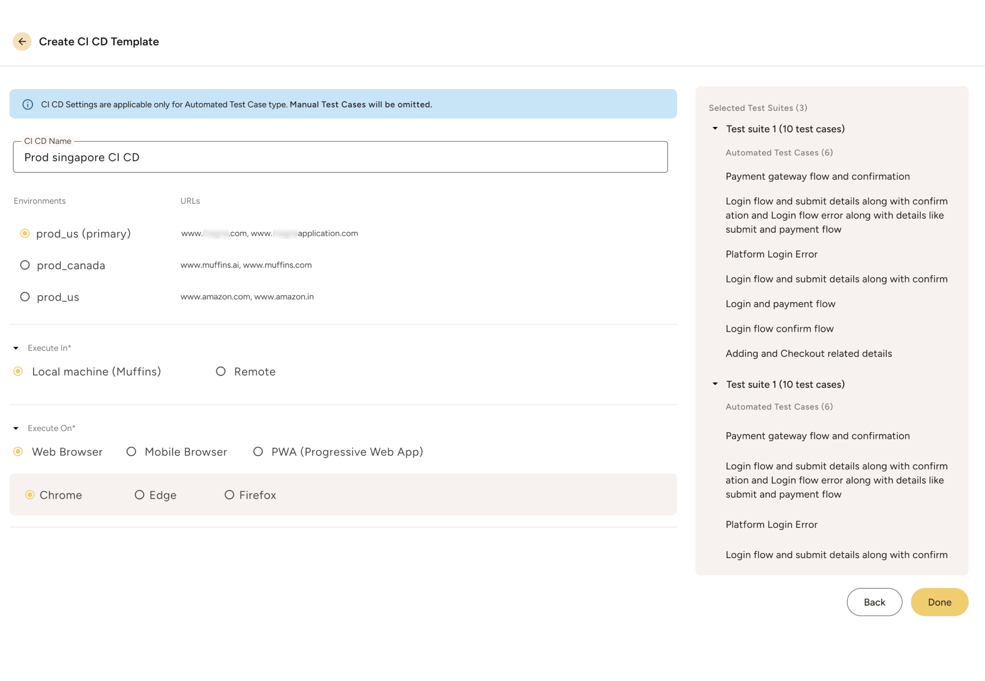 Create CI CD Template interface showing CI CD name input, environment selection with URLs, execution options for local or remote machine, browser choice including Chrome, Edge, and Firefox, and selected test suites with test case details on the right.
