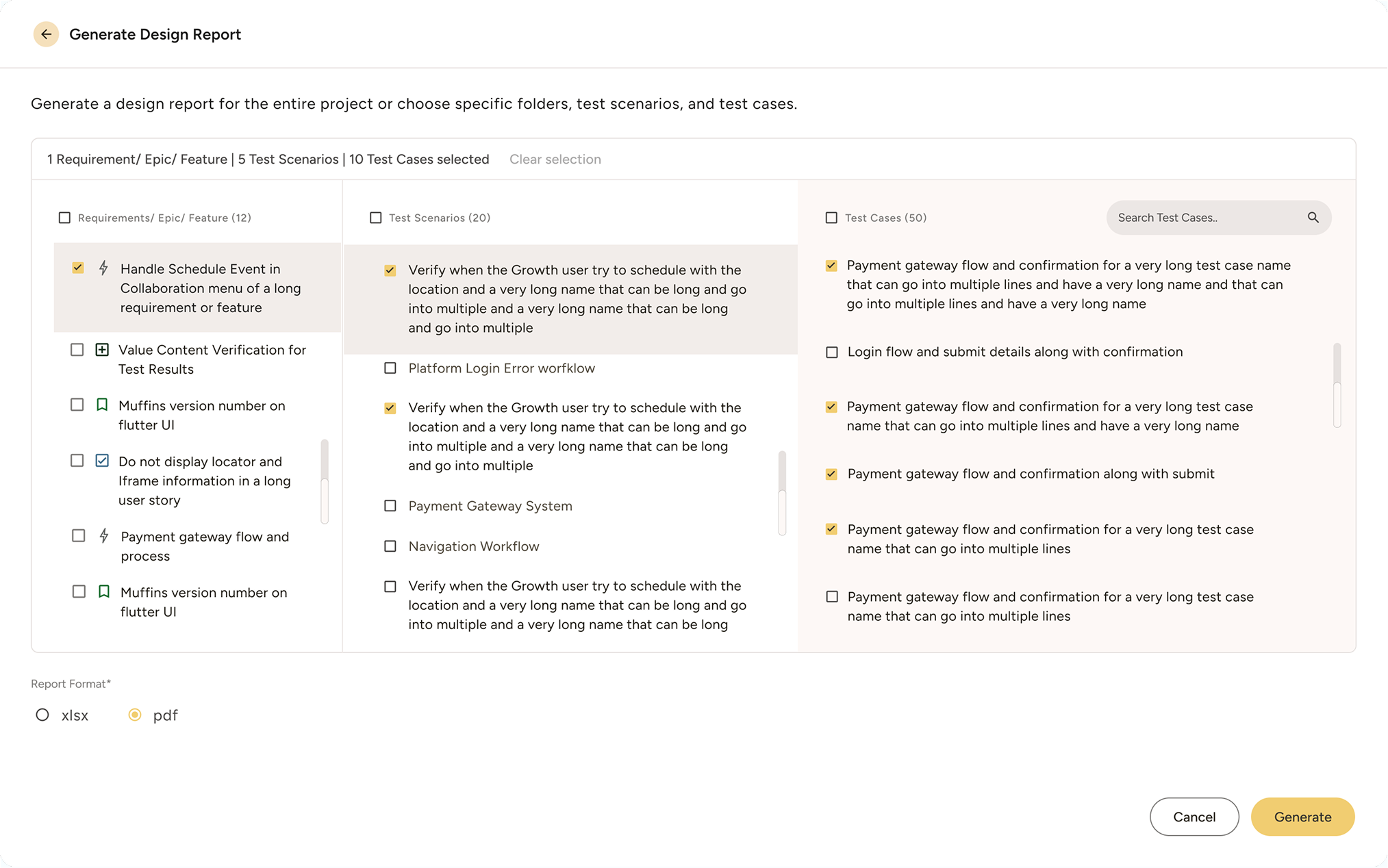 User interface for generating a design report with three selection columns for requirements, test scenarios, and test cases, showing multiple selected items and options to choose report format as xlsx or pdf with Cancel and Generate buttons.