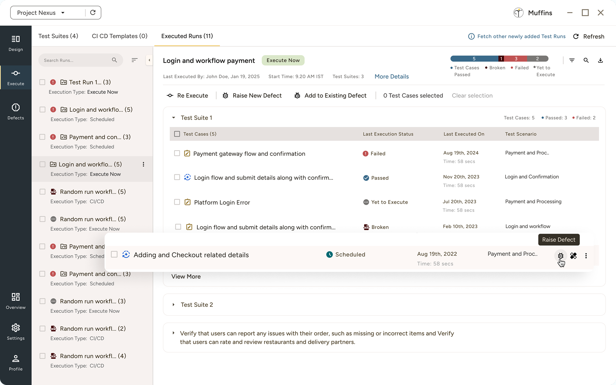 Project Nexus test execution dashboard showing test suites and executed runs with statuses like failed, passed, broken, and scheduled along with options to re-execute, raise defect, and add to defect.