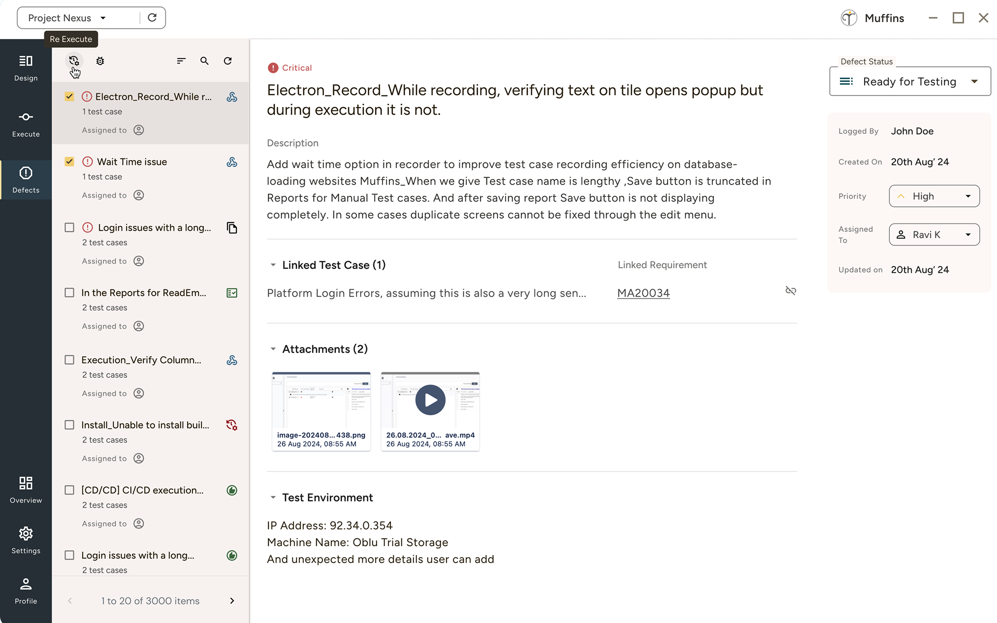 Defect tracking interface showing a critical defect titled 'Electron_Record_While recording' with description, linked test case, attachments, test environment details, and defect status set to Ready for Testing.
