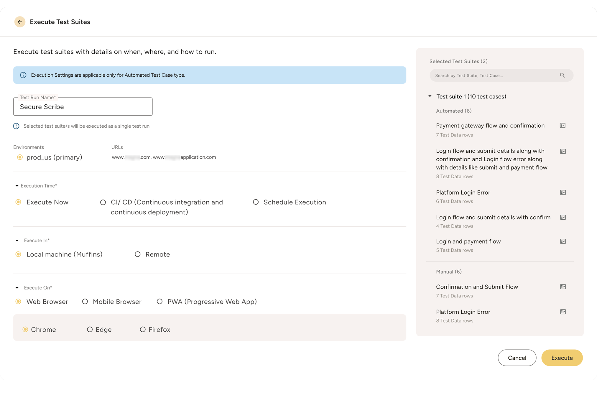 UI screen for executing test suites named Secure Scribe with options for environment, execution time, execution location, and browser selection, plus a sidebar listing selected test suites and an Execute button.