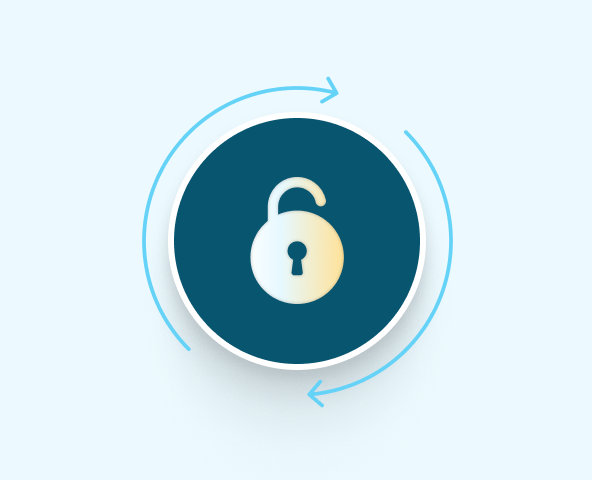Open padlock icon in a dark blue circle with circular arrows around it symbolizing unlocking or refresh.