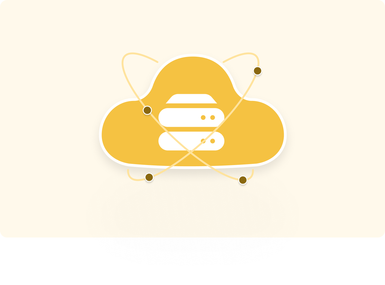 Yellow cloud icon with a white server symbol inside and orbiting dots representing cloud computing or data network.