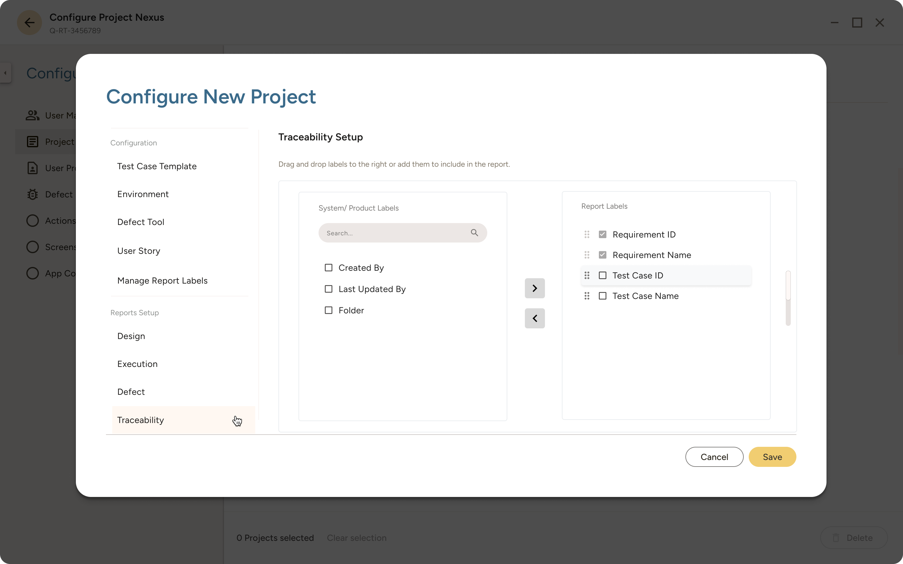 Configure New Project window showing Traceability Setup with selectable System/Product Labels on the left and Report Labels on the right, including options for Requirement ID, Requirement Name, Test Case ID, and Test Case Name.