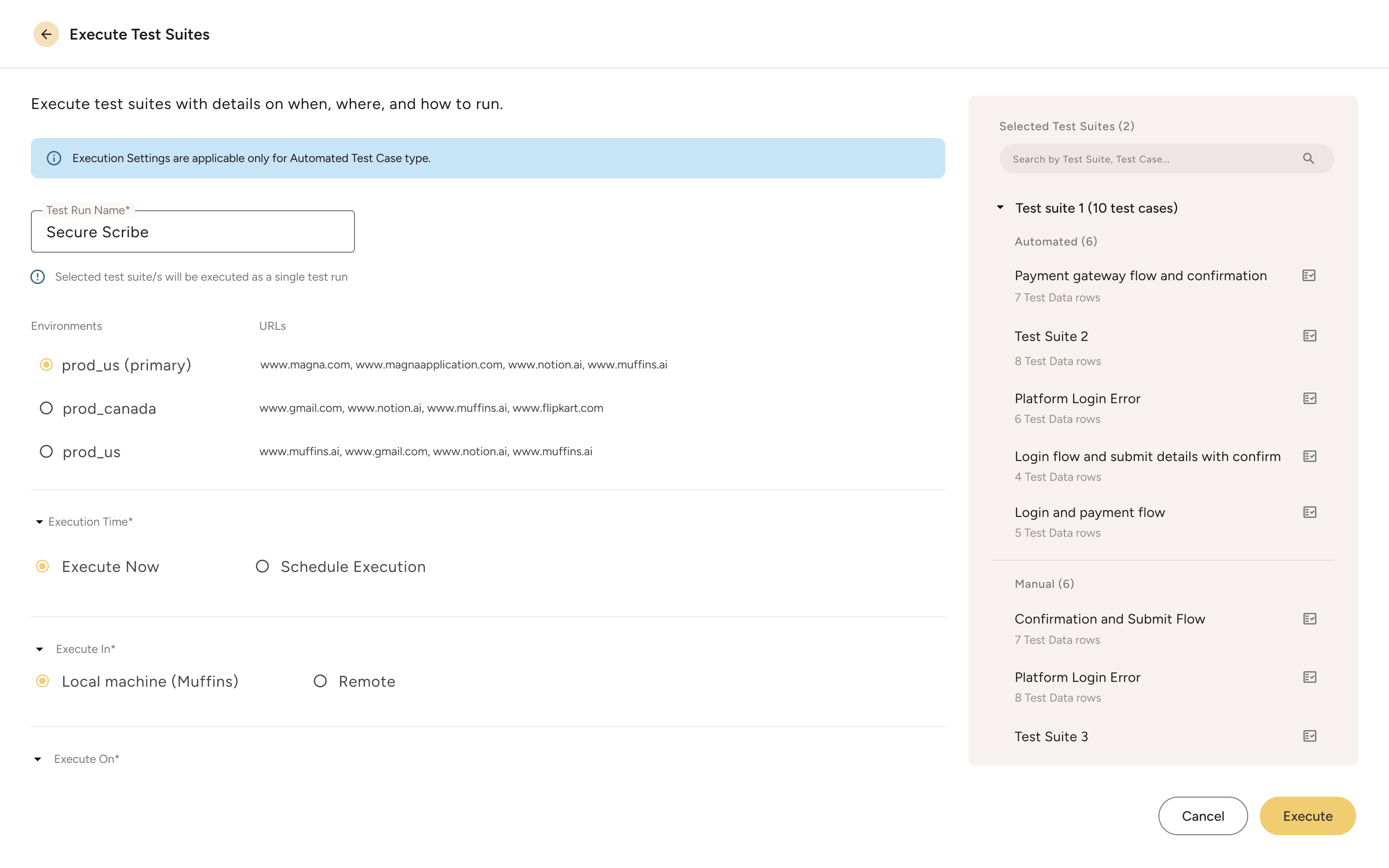 User interface for executing test suites showing options to name the test run, select environment and URLs, choose execution time and location, and a list of selected test suites with test case details.