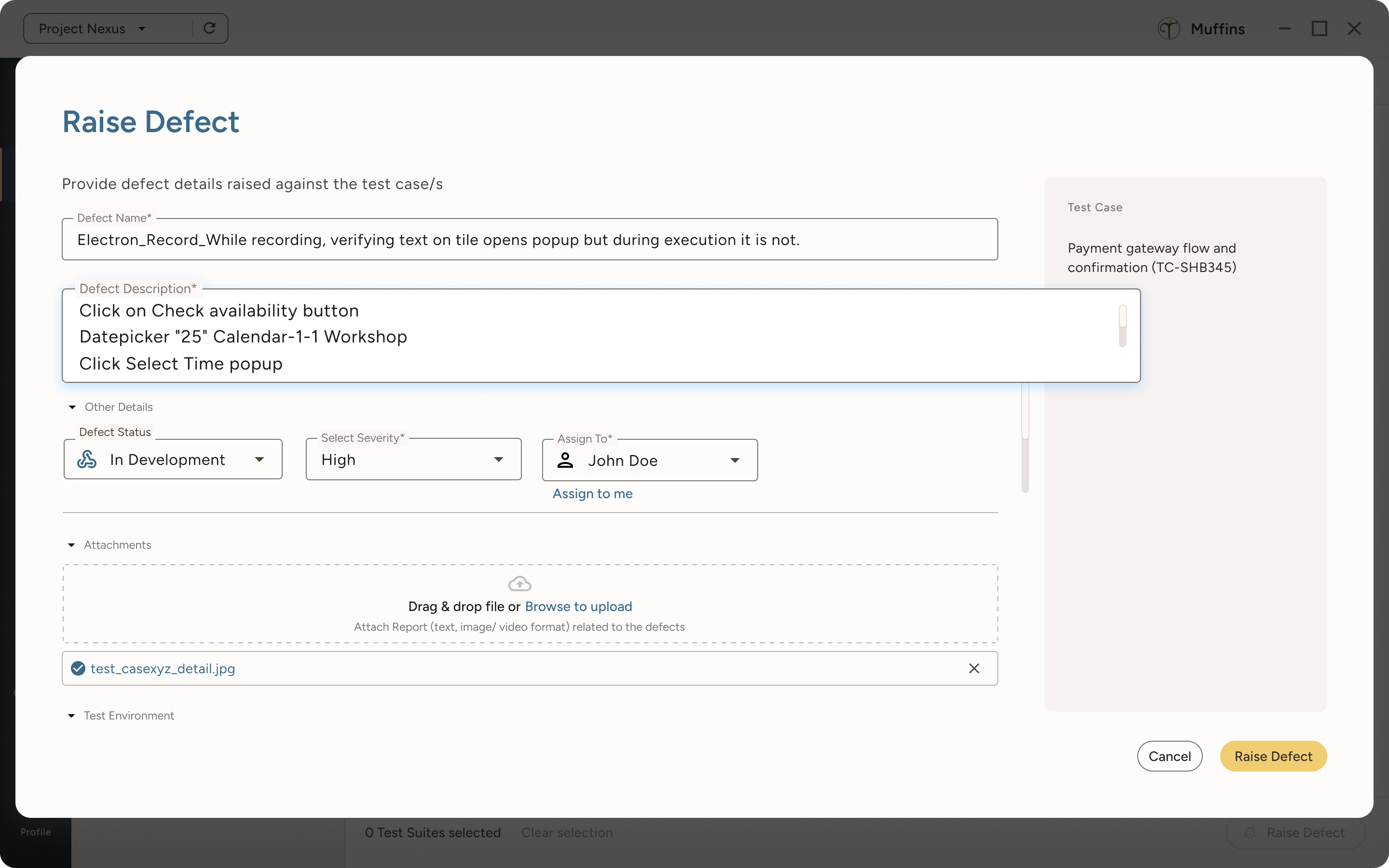 Raise Defect form with fields filled for defect name, description, status set to In Development, severity High, assigned to John Doe, with a file attachment and options to cancel or raise defect.