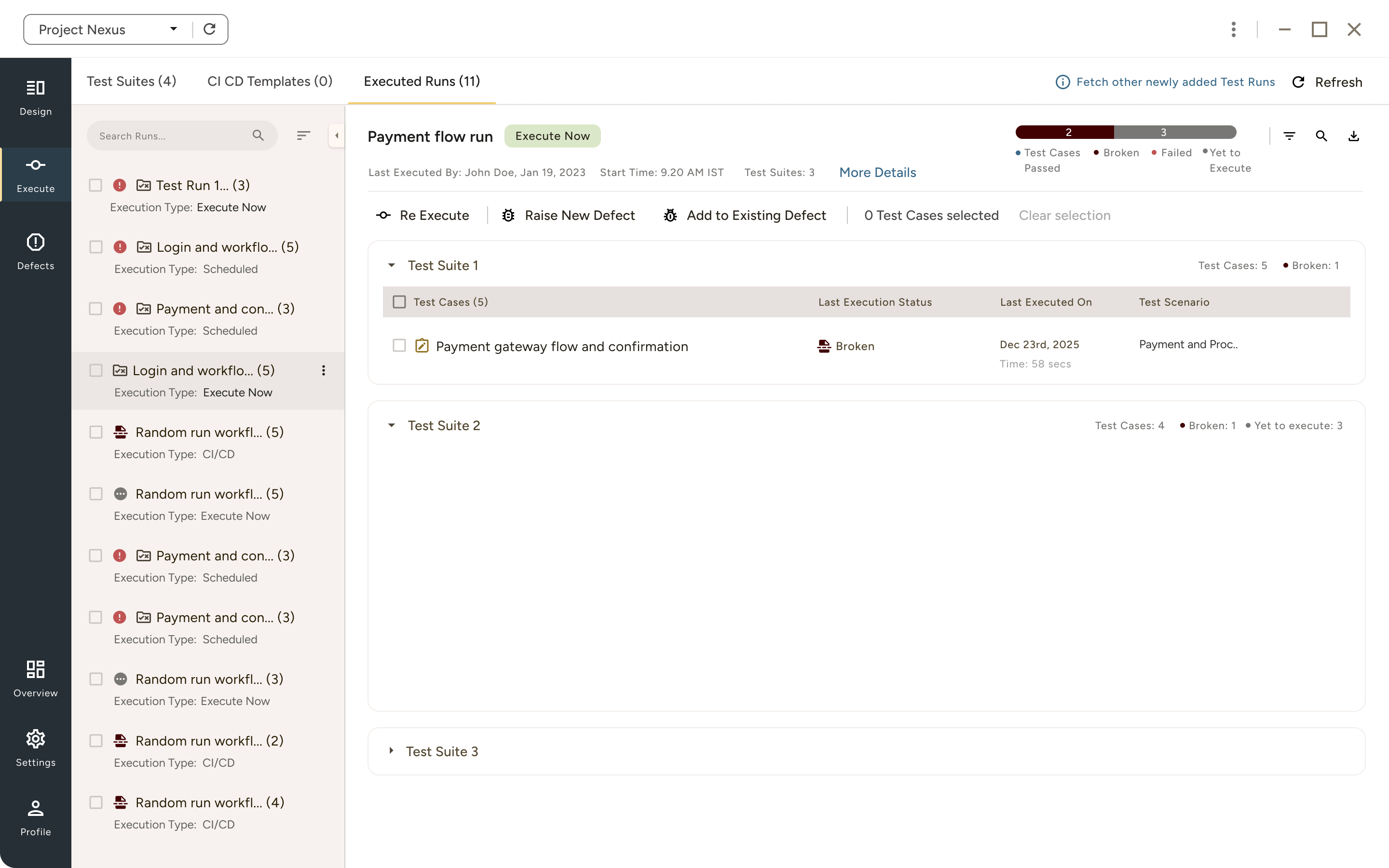 Project Nexus test execution dashboard showing executed runs, test suites, and test case statuses with options to re-execute, raise defects, and add to defects.