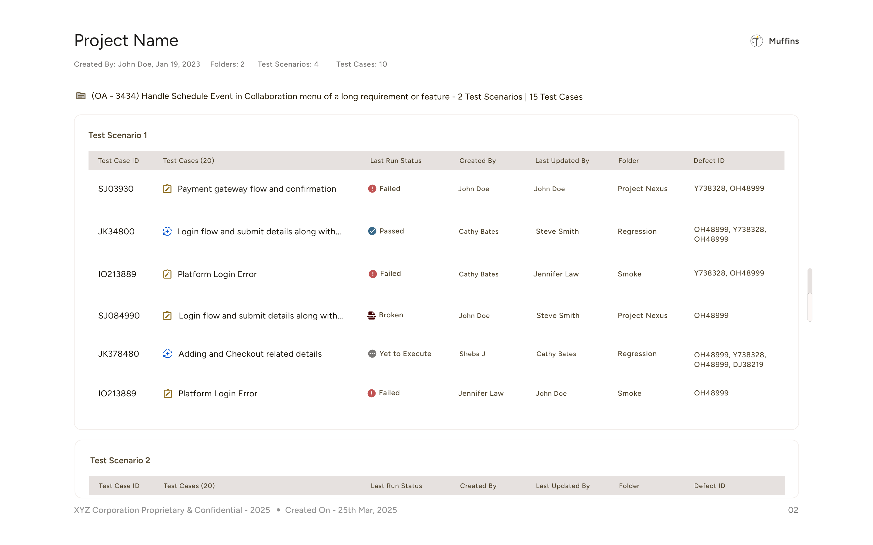 Traceability report for Project Name showing test scenarios with test case IDs, descriptions, last run statuses, creators, last updaters, folders, and defect IDs.