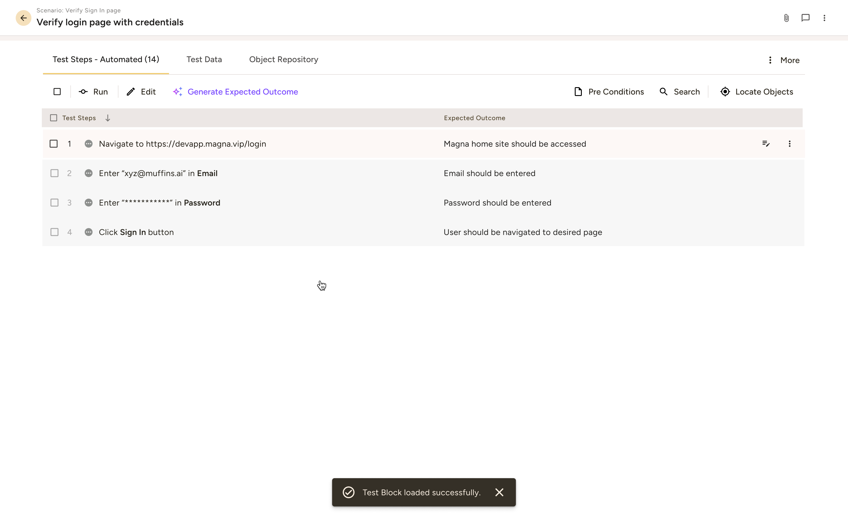 Automated test steps for verifying a login page showing steps to navigate to URL, enter email and password, and click Sign In with expected outcomes.