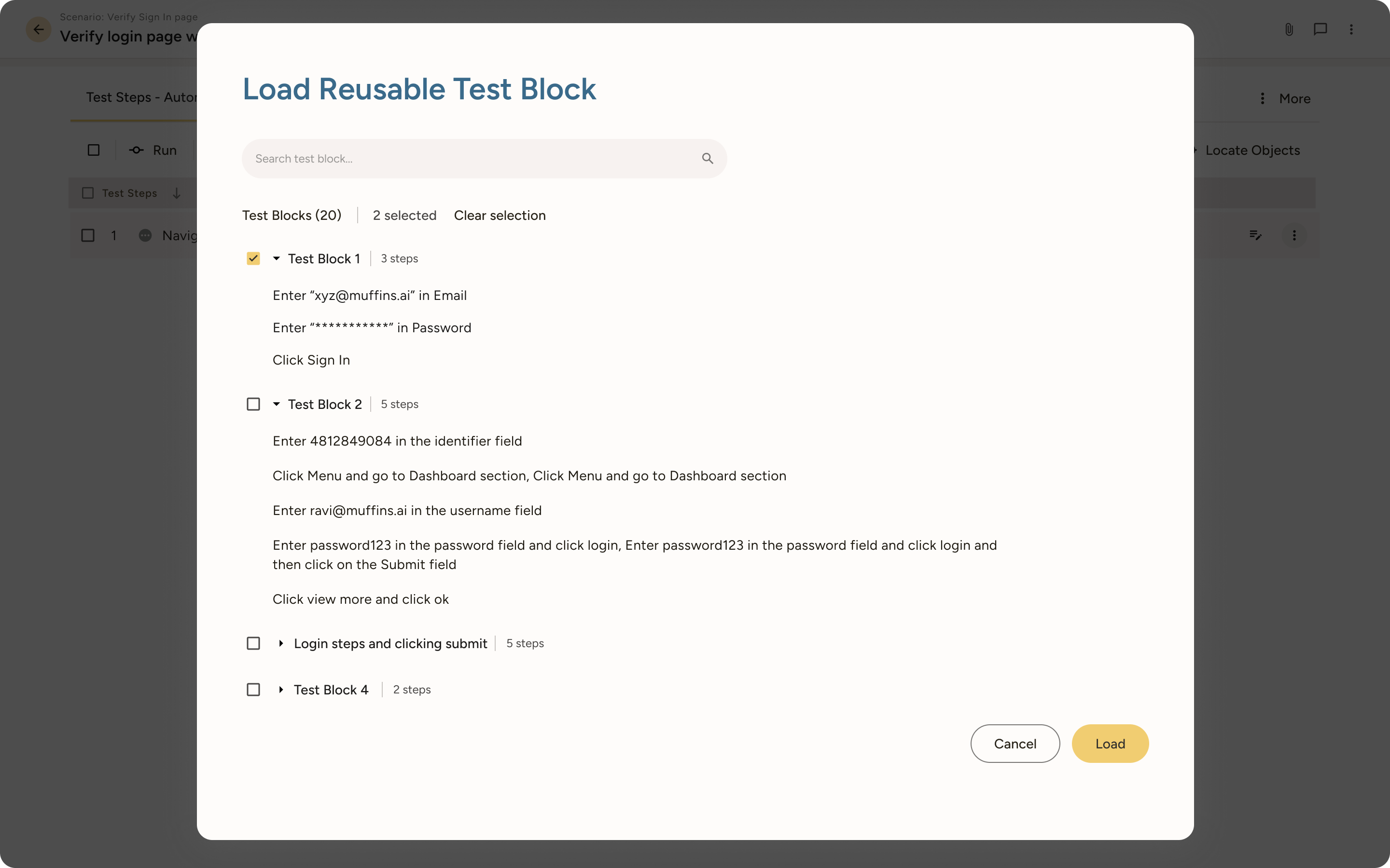 Popup window titled 'Load Reusable Test Block' showing a list of test blocks with checkboxes to select steps for automated testing, including Test Block 1 and Test Block 2, with buttons to Cancel or Load.