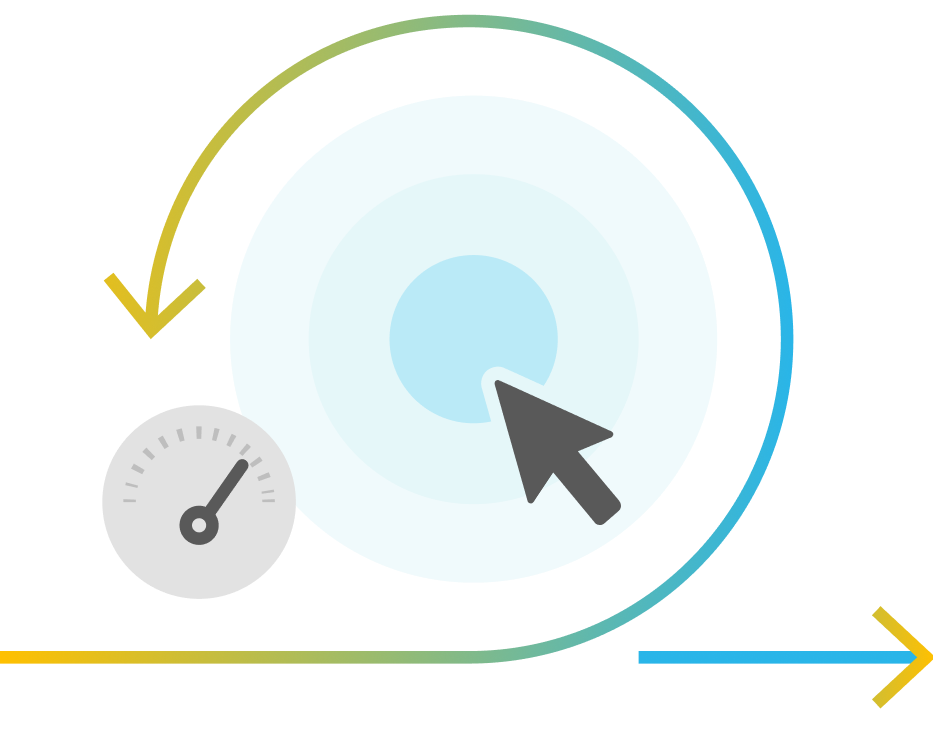 Target with a cursor pointer on center and a gauge icon, encircled by a gradient arrow wrapping around and pointing right.