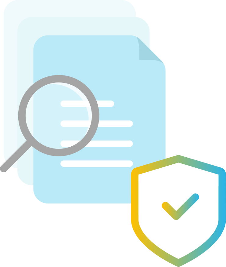 Stacked documents with a magnifying glass over the front page and a shield with a checkmark symbolizing secure audit or verified documents.