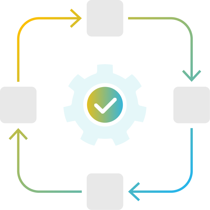 Circular flow chart with four blank square steps connected by multicolored arrows around a central gear icon with a checkmark inside.