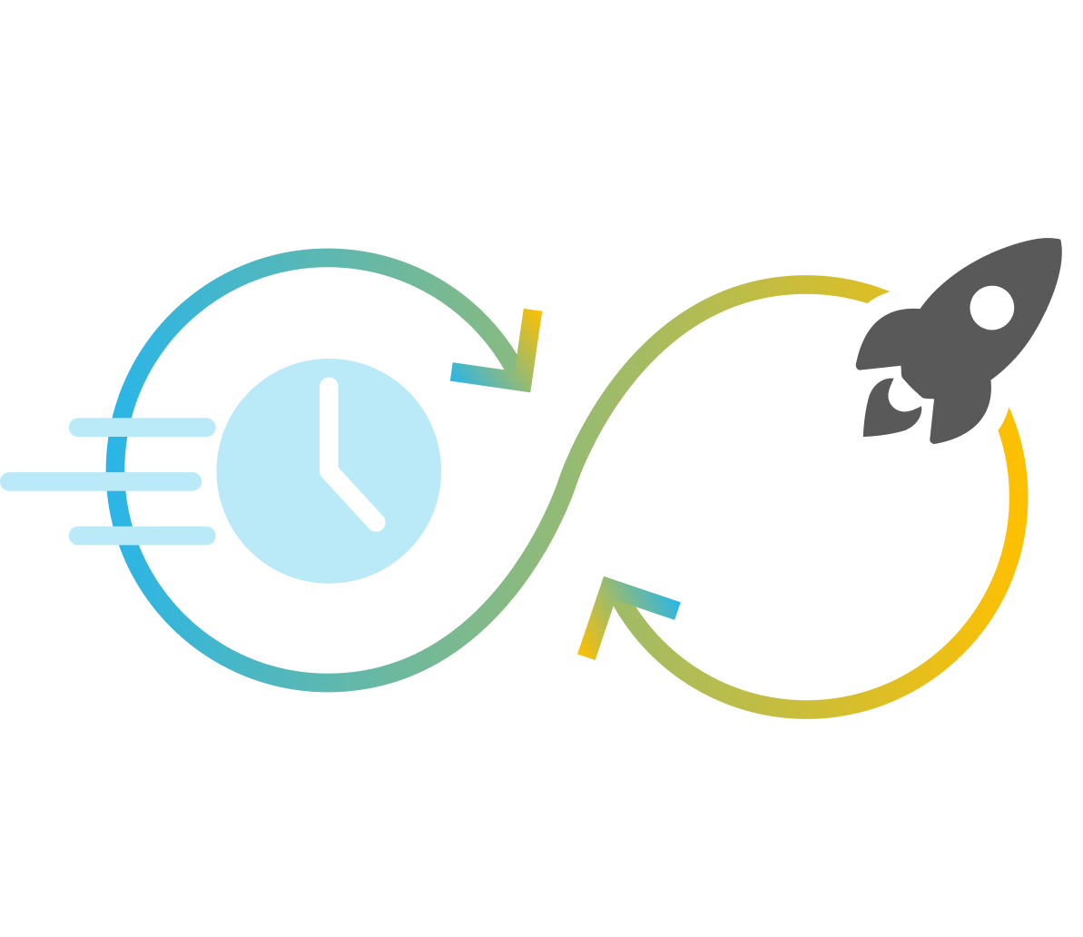 Illustration of a clock with motion lines and a rocket connected by a continuous loop with arrows, symbolizing fast progress or a sprint cycle.