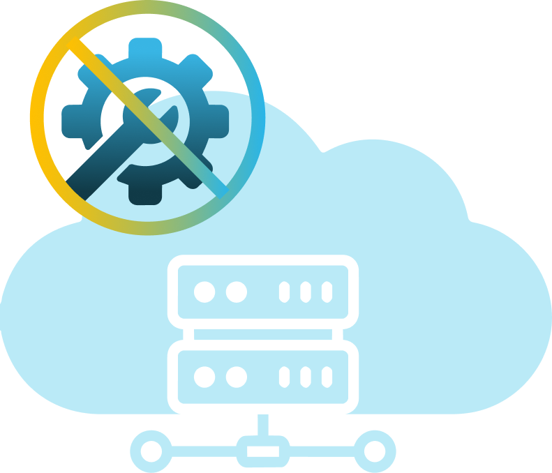 Cloud icon with server racks connected below and a crossed-out wrench and gear symbol indicating no infrastructure management.