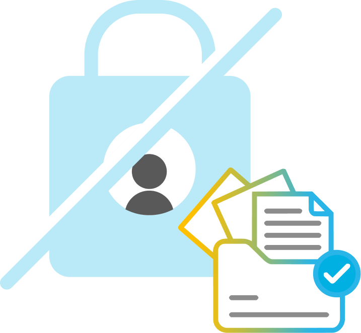 Unlocked padlock with a user icon and an open folder with documents and a checkmark, indicating accessible or shared files.