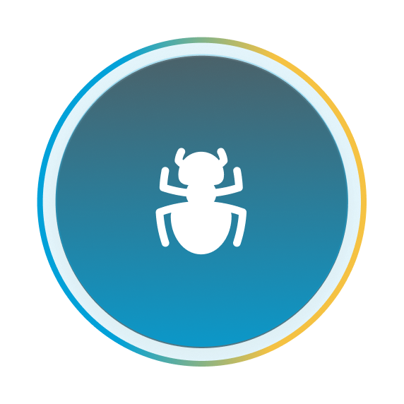 White bug icon centered on a blue circular background with blurred programming code behind.