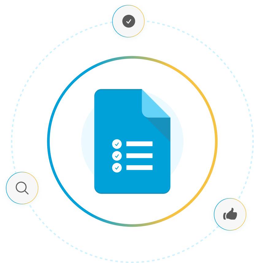 Blue document icon with three checklist items in the center, surrounded by a circular dotted line connecting icons of a checkmark, magnifying glass, and thumbs up.