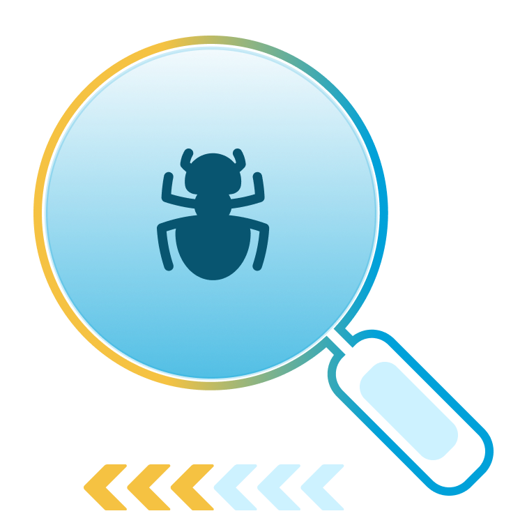 Magnifying glass highlighting a bug icon with a progress bar below showing malware scan progress.