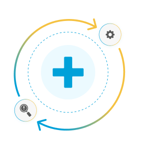 Graphic showing a blue plus sign in the center with an orange arrow pointing to a gray gear icon and a blue arrow pointing to a magnifying glass icon.