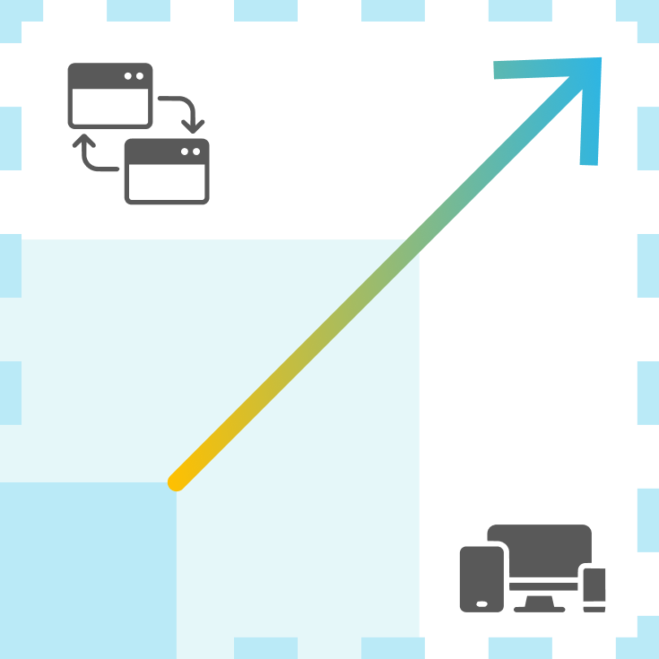 Graphic with two gray window icons connected by arrows at the top left and a gray set of digital device icons at the bottom right connected by a gradient upward arrow indicating growth or progress.