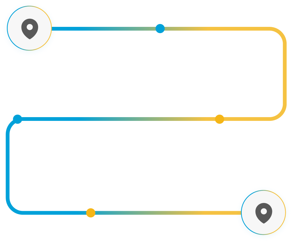Horizontal timeline with two location icons connected by a curved blue and yellow gradient line and three data points.
