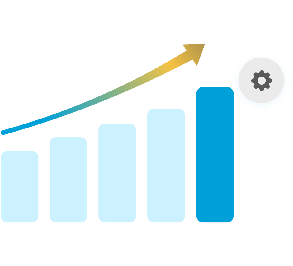 Bar chart with five vertical bars increasing in height from left to right with an upward arrow pointing to a gear icon.