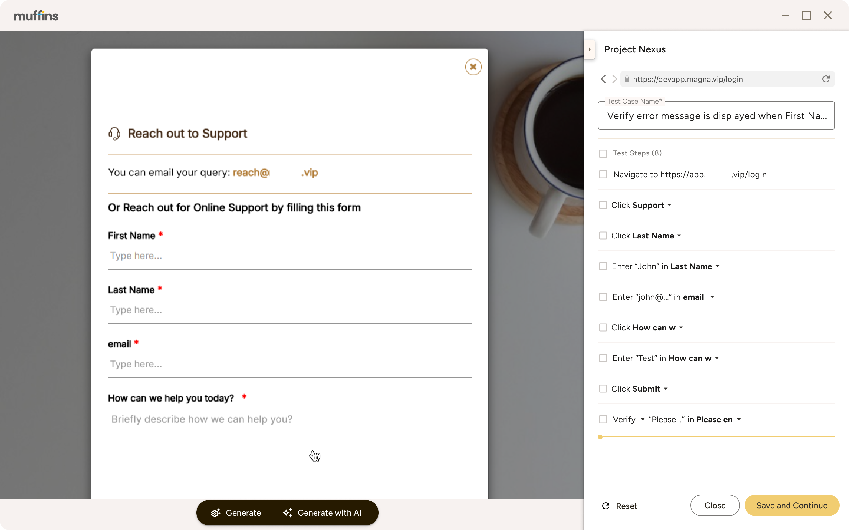 Online support form requesting First Name, Last Name, email, and a description of how help is needed, with a contact email partially visible.