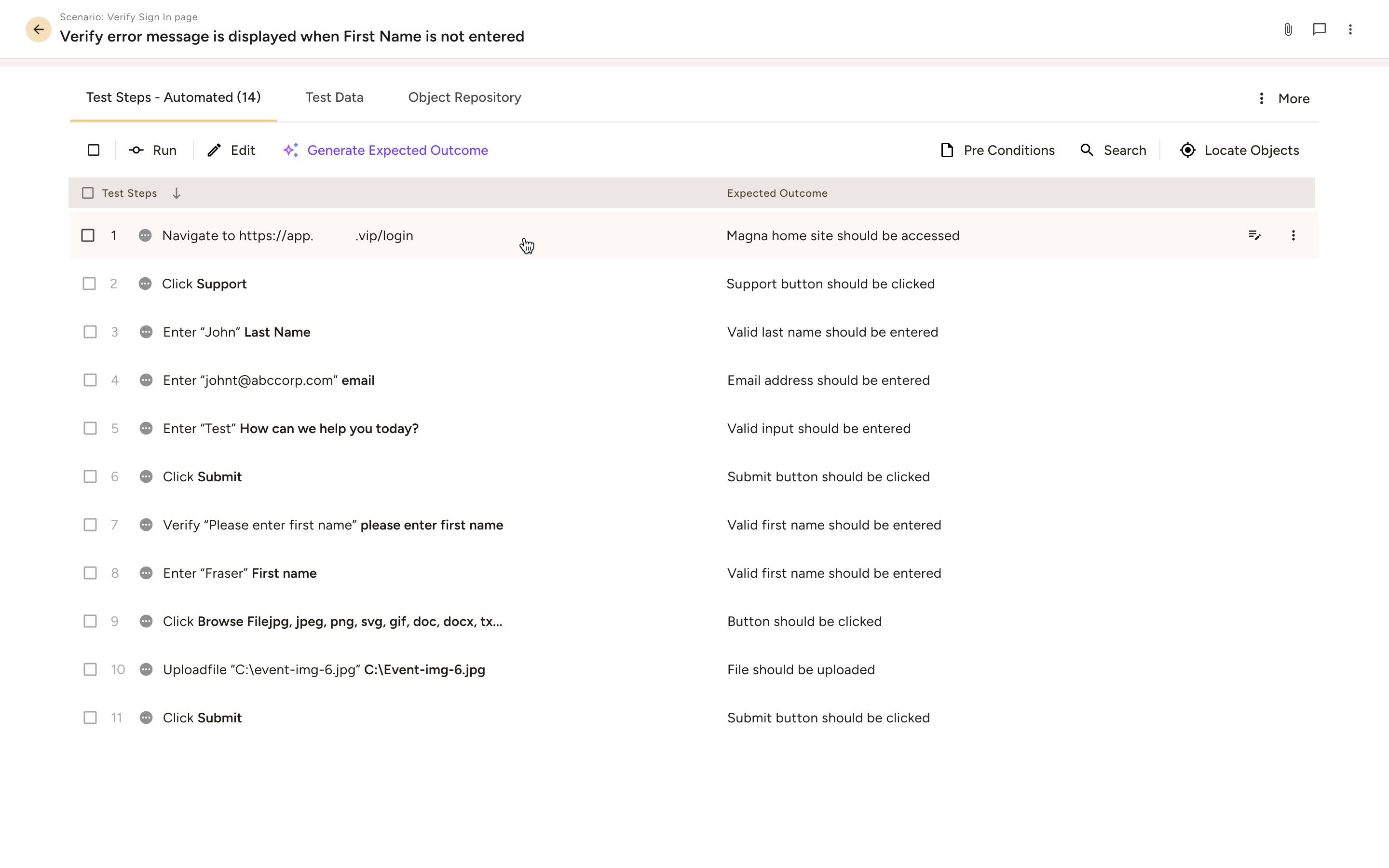 Test steps outlined for verifying sign-in page error message when first name is not entered, including navigation, data entry, and validation actions.