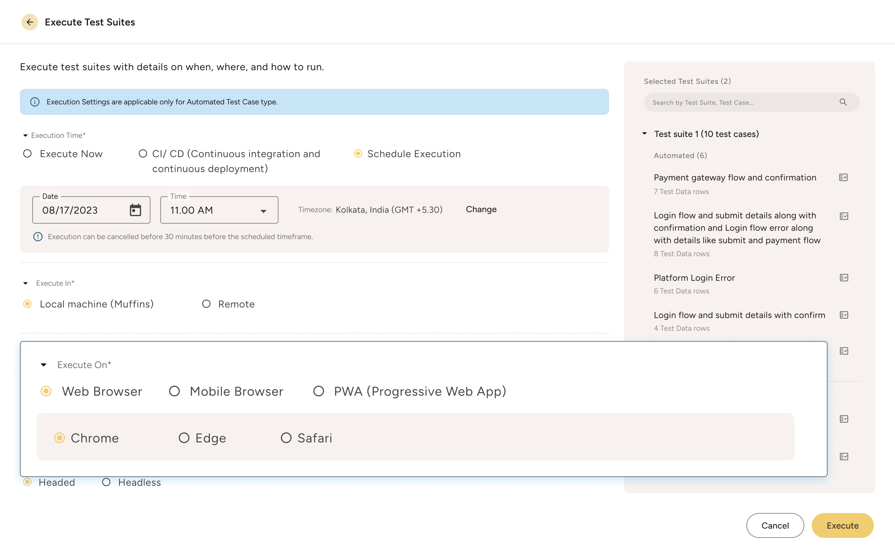 Software interface to execute test suites with options to schedule execution on a local machine using Chrome browser, showing test suite details on the right.