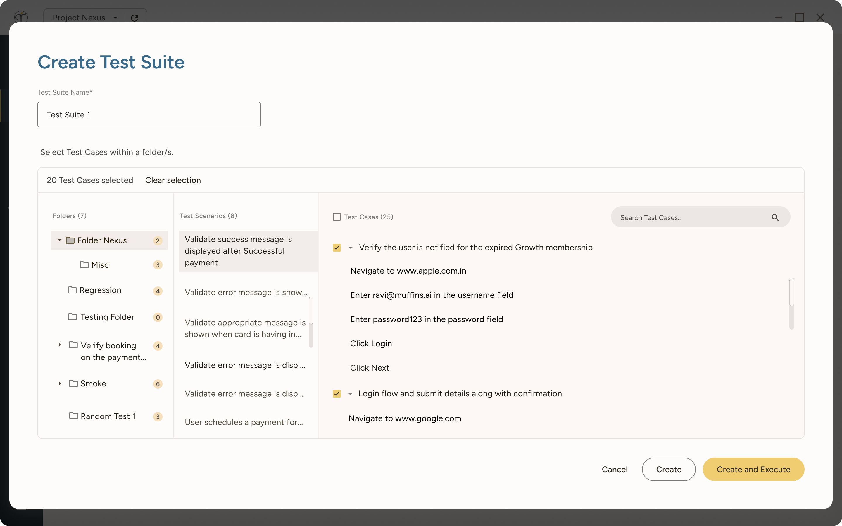 User interface for creating a test suite named Test Suite 1, showing folder selections, test scenarios, test cases with steps, and buttons for Cancel, Create, and Create and Execute.