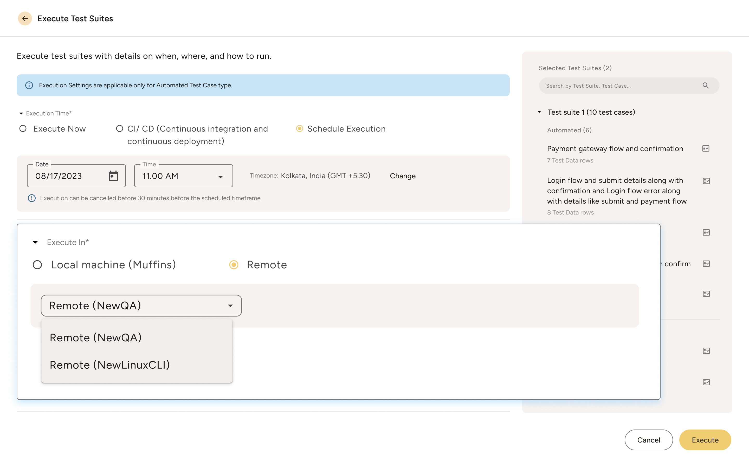 User interface for executing test suites showing options to execute now, via CI/CD, or schedule execution with date, time, and timezone settings; select local or remote machine for execution; and list of selected test suites with details.