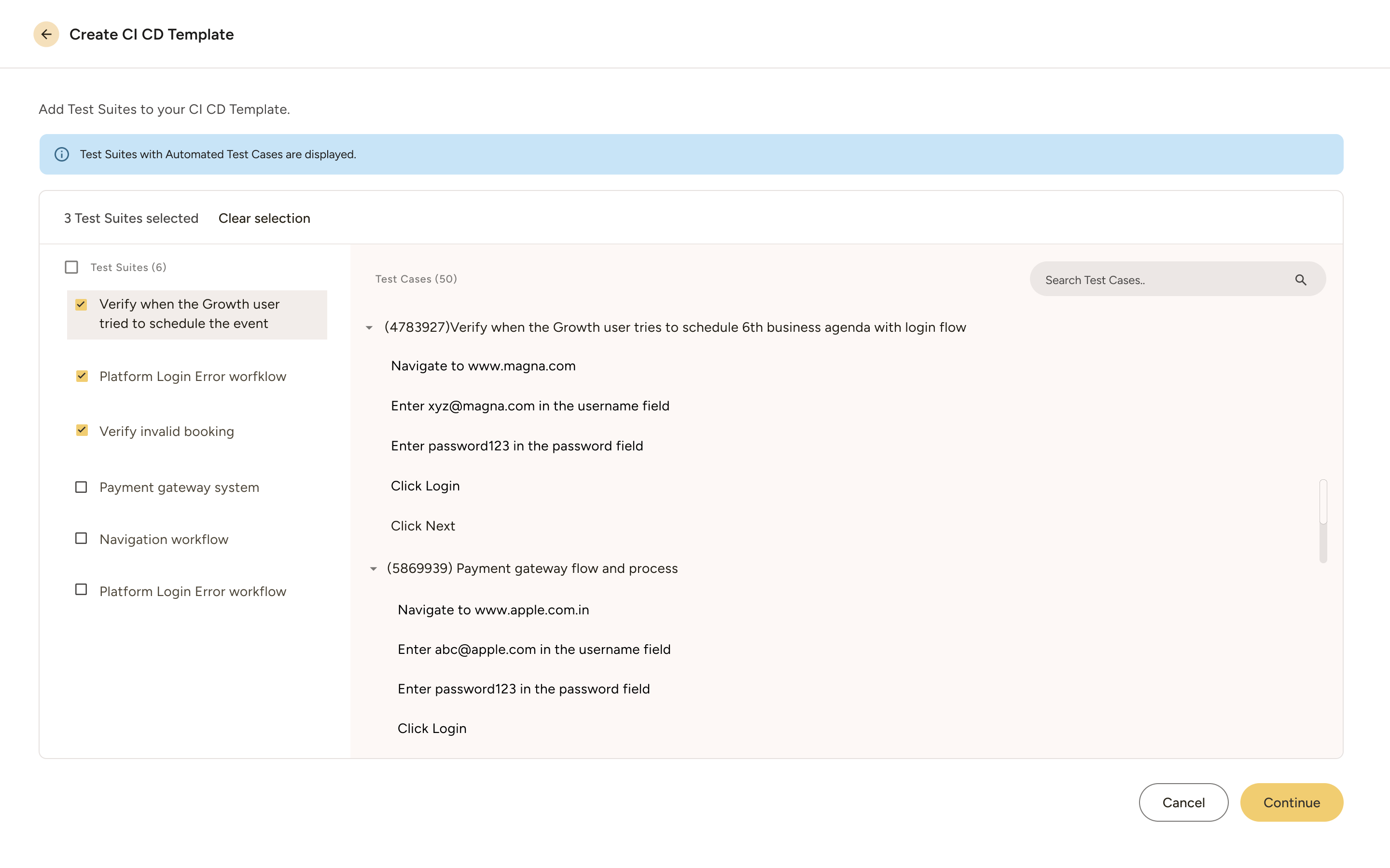 Create CI CD Template interface displaying three selected test suites on the left and detailed test cases on the right, including steps for scheduling business agenda and payment gateway process.
