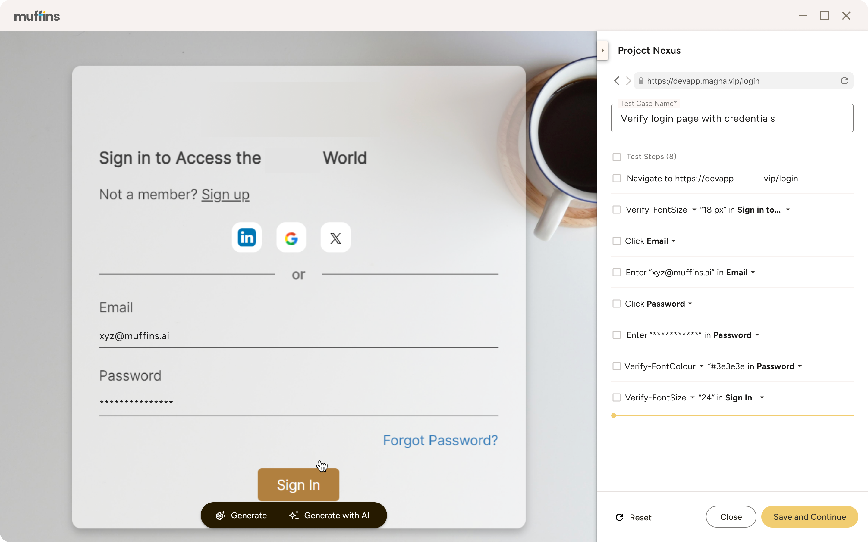 Login screen with email and password fields, social login options for LinkedIn, Google, and X, and a 'Sign In' button, alongside a project testing interface displaying verification steps for login functionality.