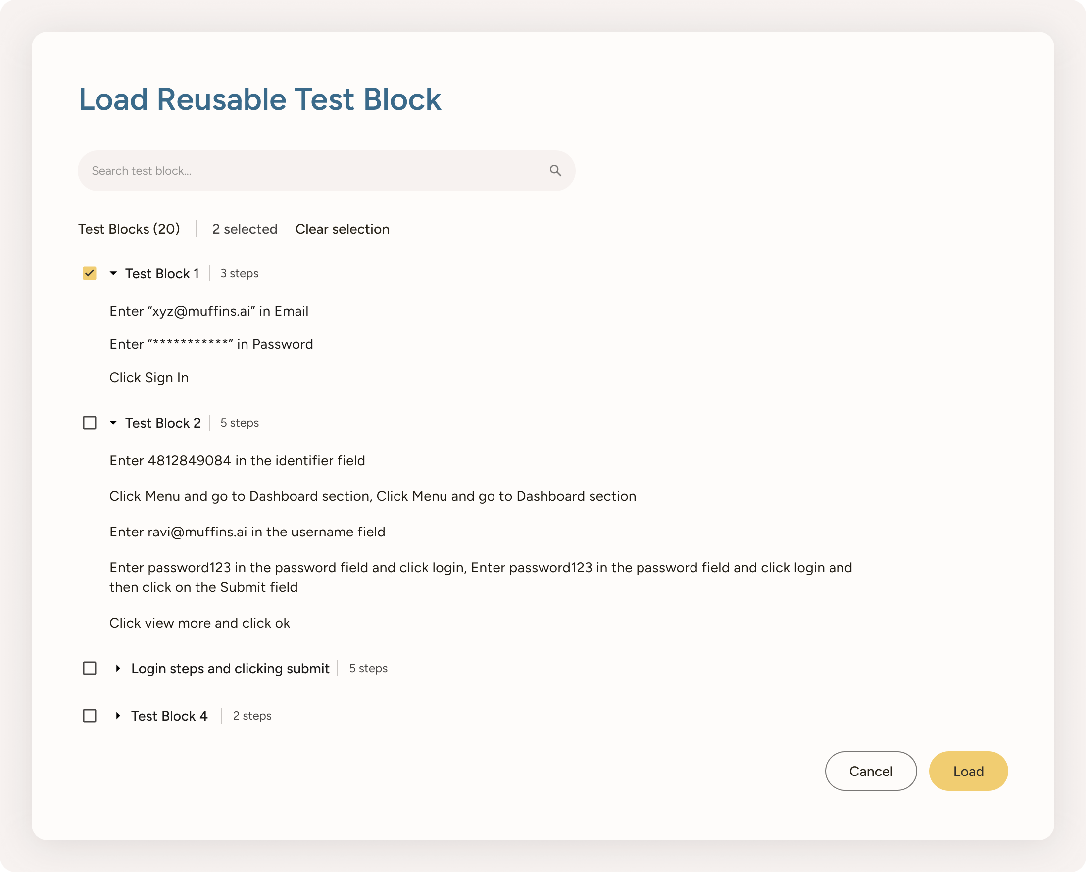 Interface for loading reusable test blocks with search bar, a list of test blocks showing steps, selection checkboxes, and Cancel and Load buttons.