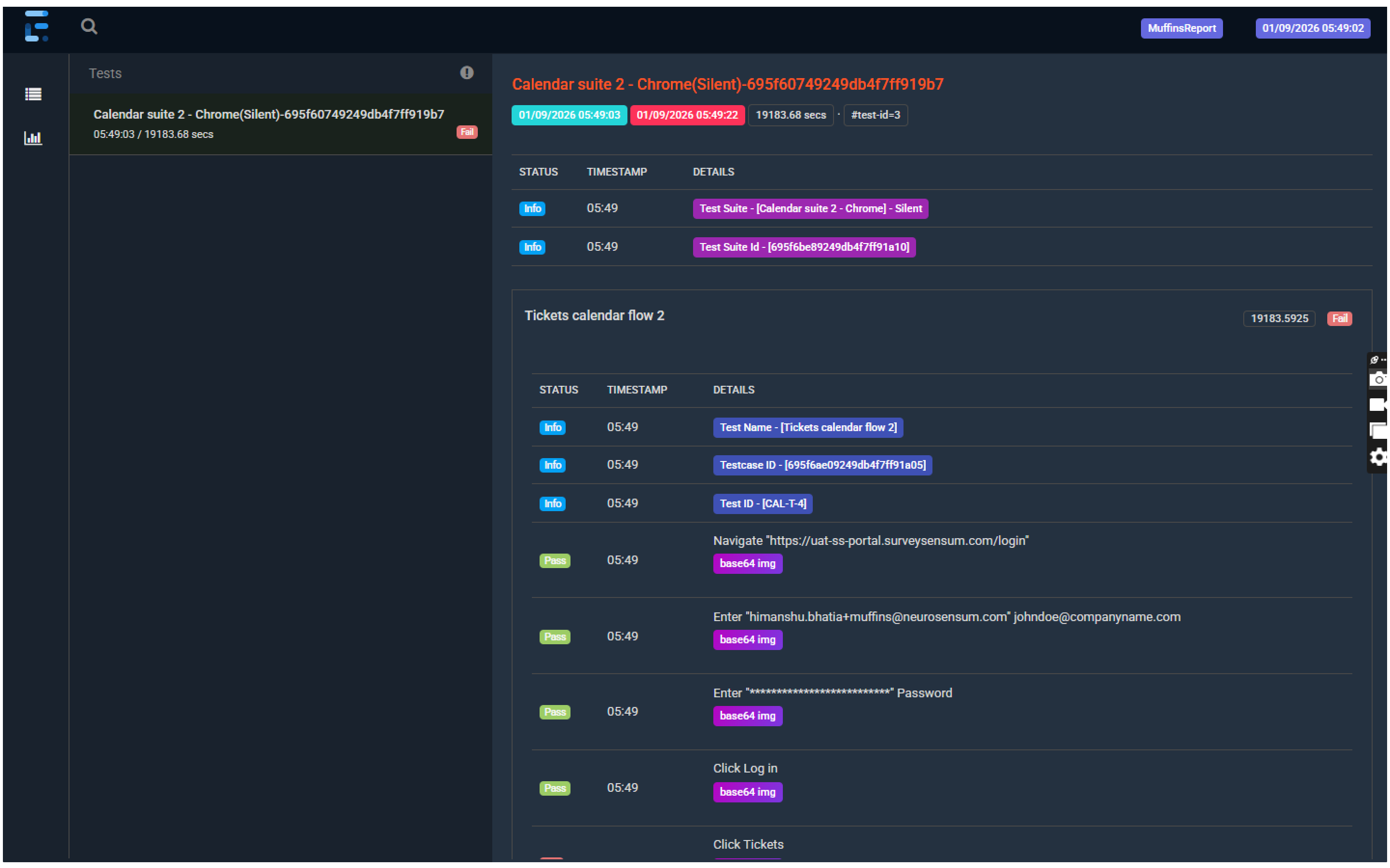 Software test dashboard showing Calendar suite 2 test results in Chrome with timestamps, status indicators, and details for various test steps including login and ticket actions.