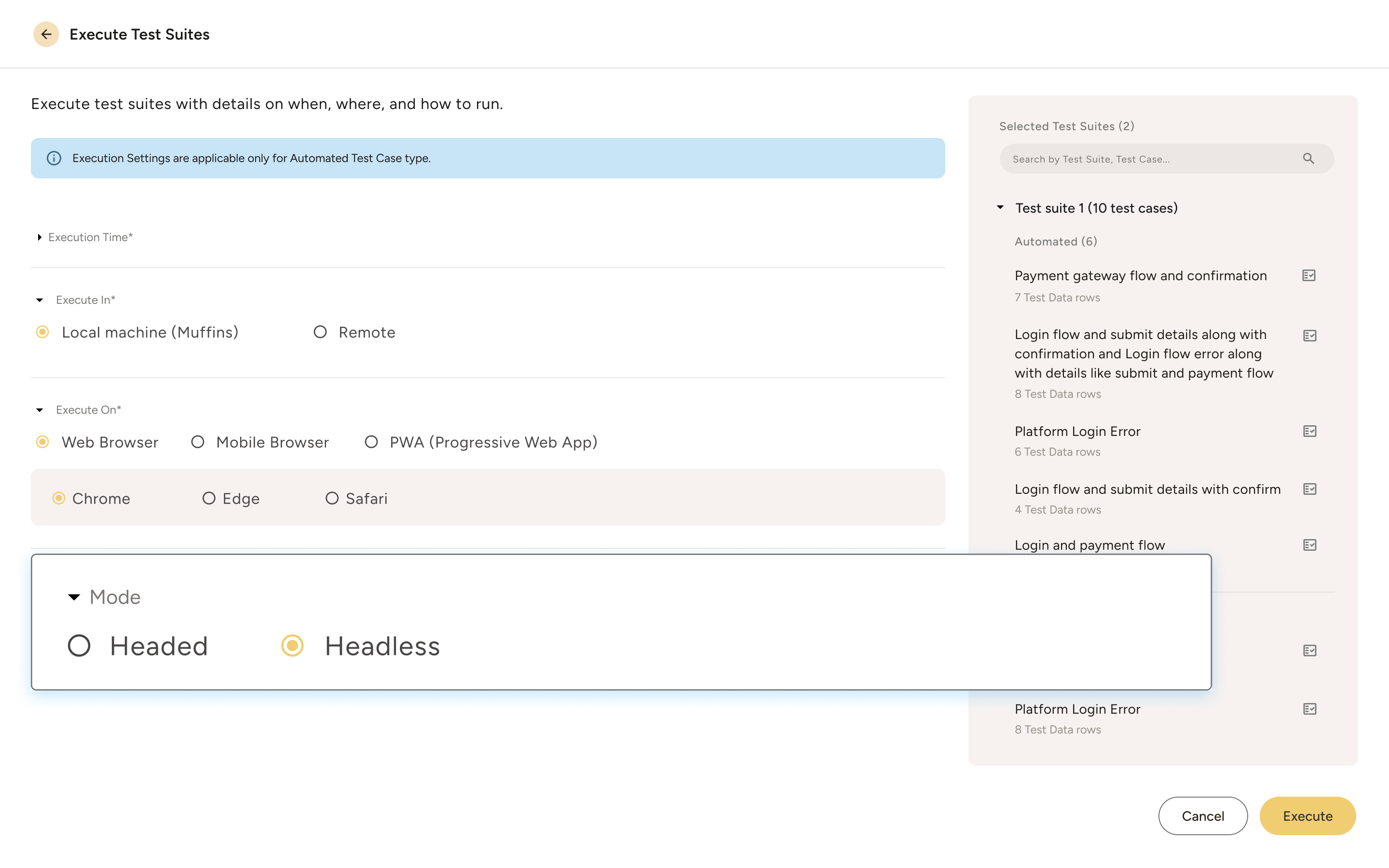 Test suite execution interface showing options for execution location, browser type, and mode with headless mode selected.