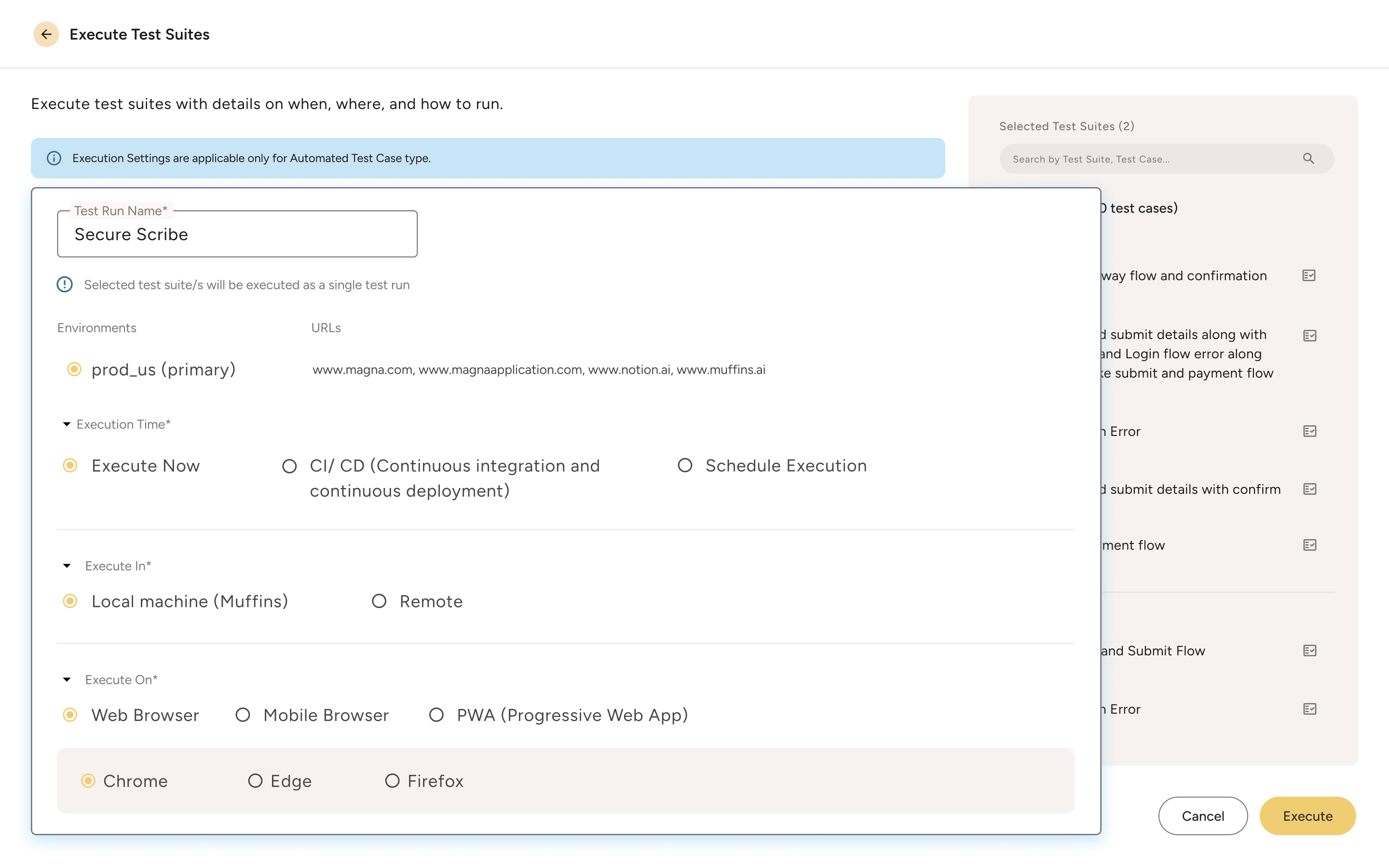 User interface for executing test suites showing options for test run name, environment, execution time, execution location, browser type, and a selected list of test suites with an Execute button.