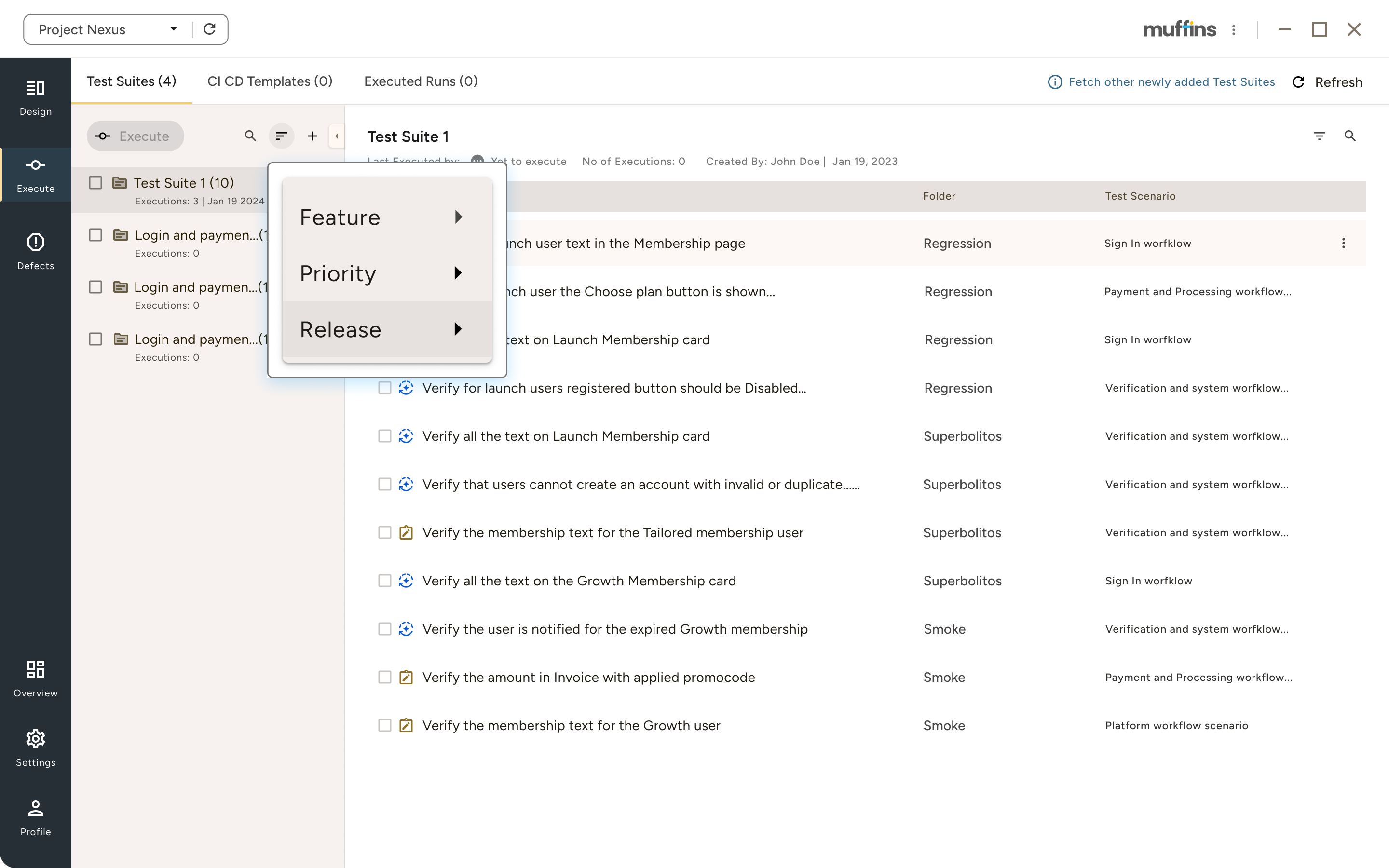 Software testing interface showing Project Nexus with a list of test suites and detailed test cases, including execution status, folders, and test scenarios.