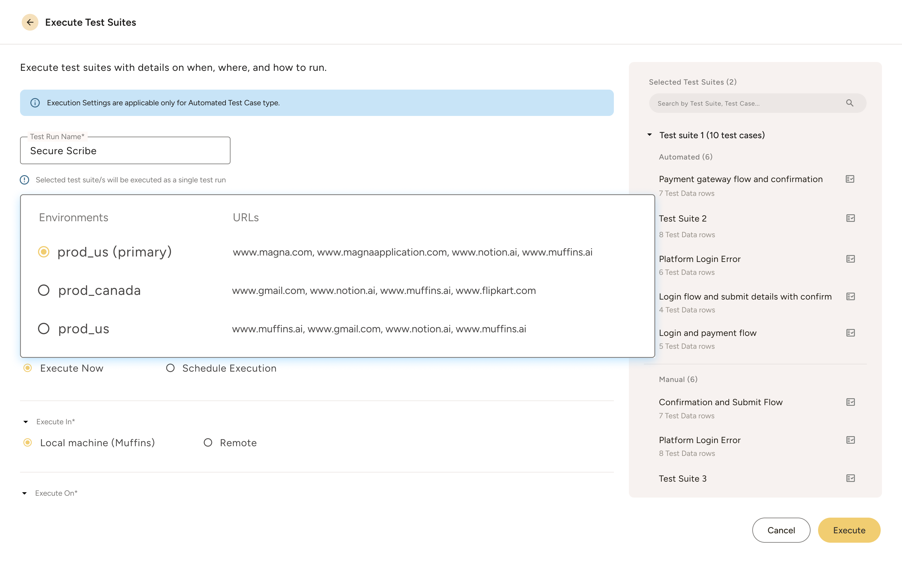 User interface for executing test suites showing test run name 'Secure Scribe', environment options with URLs, execution timing and location options, and a list of selected test suites with details.
