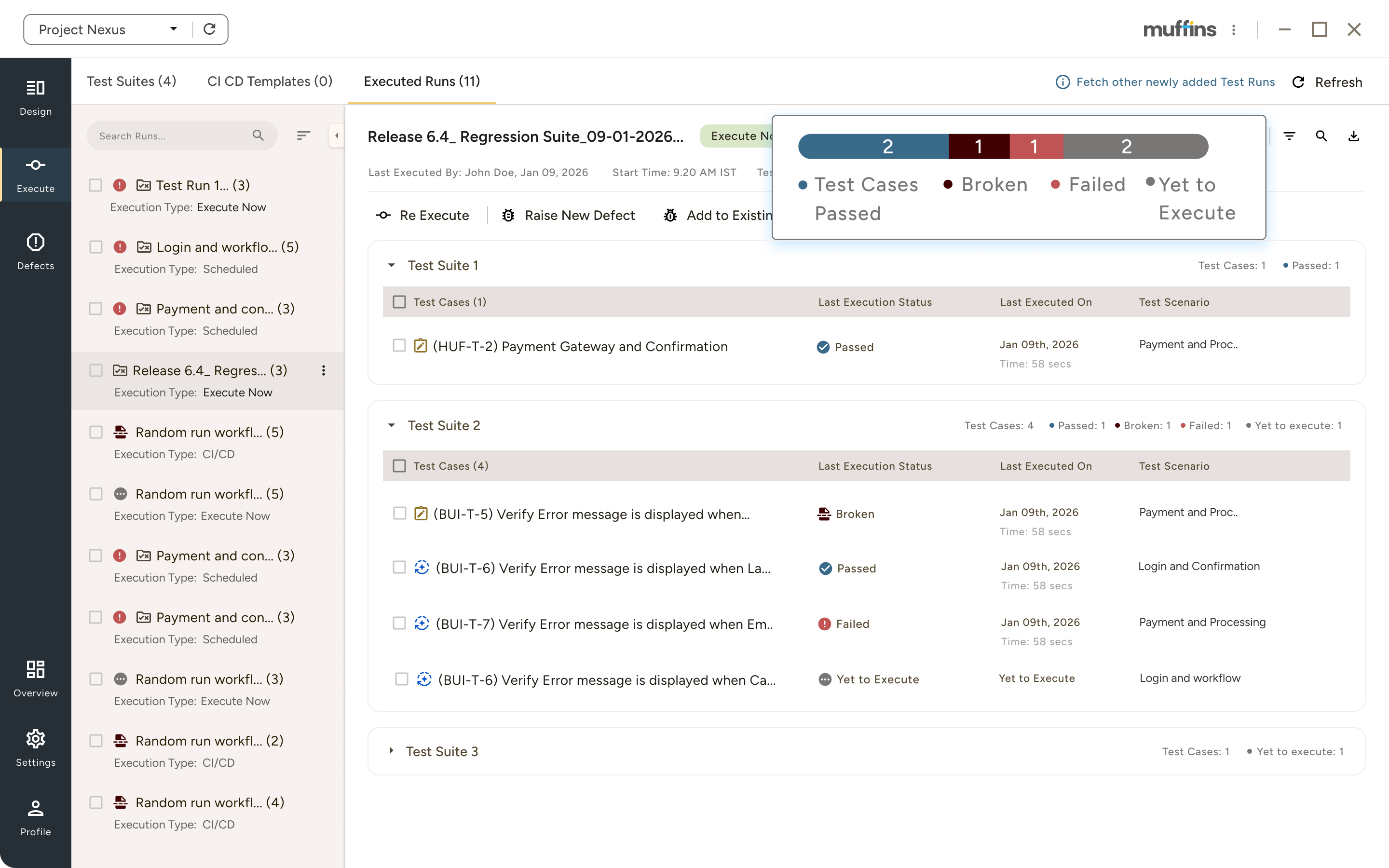 Software testing dashboard showing executed test runs for Project Nexus, with test suites status including passed, broken, failed, and yet to execute.