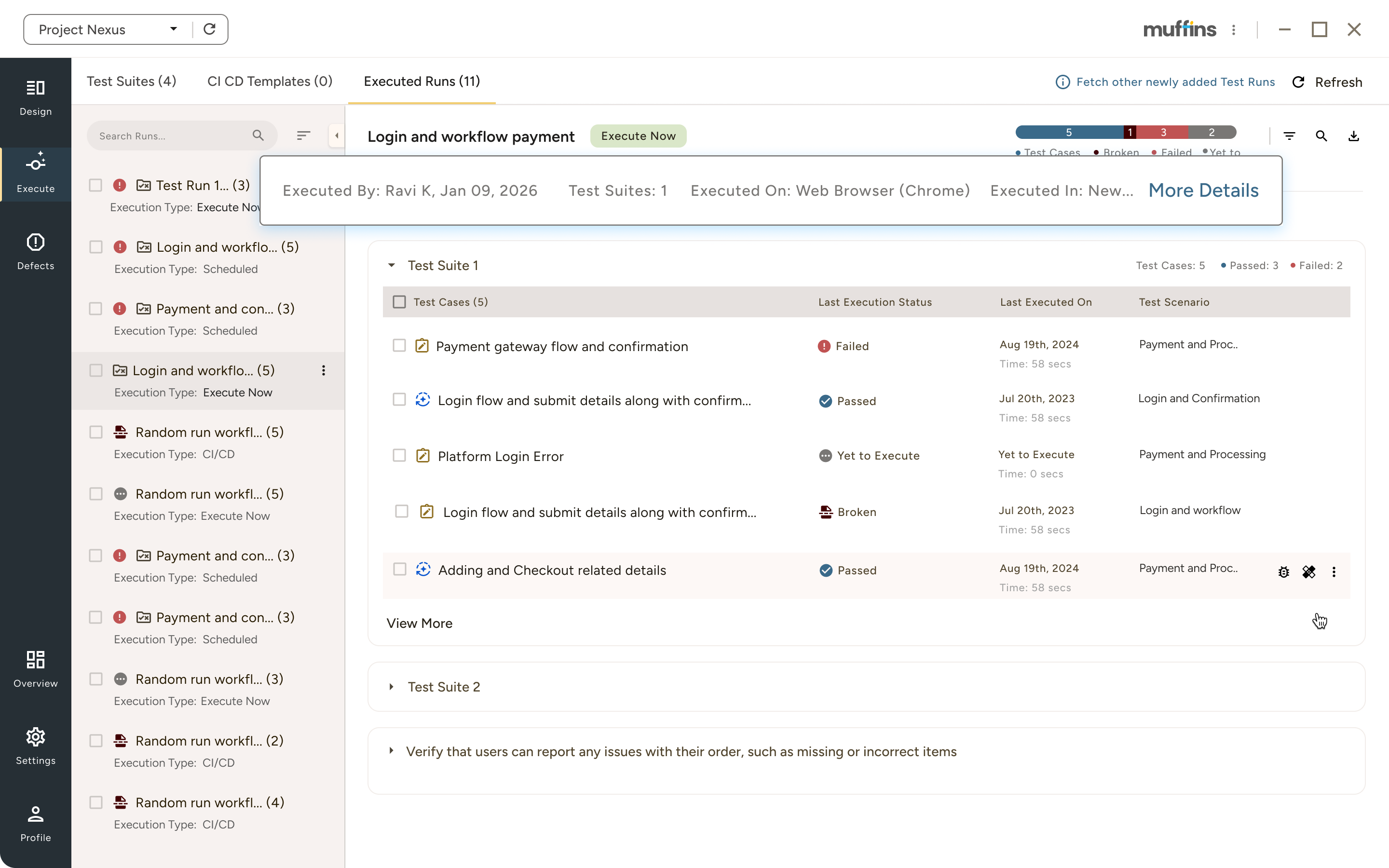 Software testing dashboard showing executed runs for 'Login and workflow payment' with test cases listed including statuses like failed, passed, broken, and yet to execute.