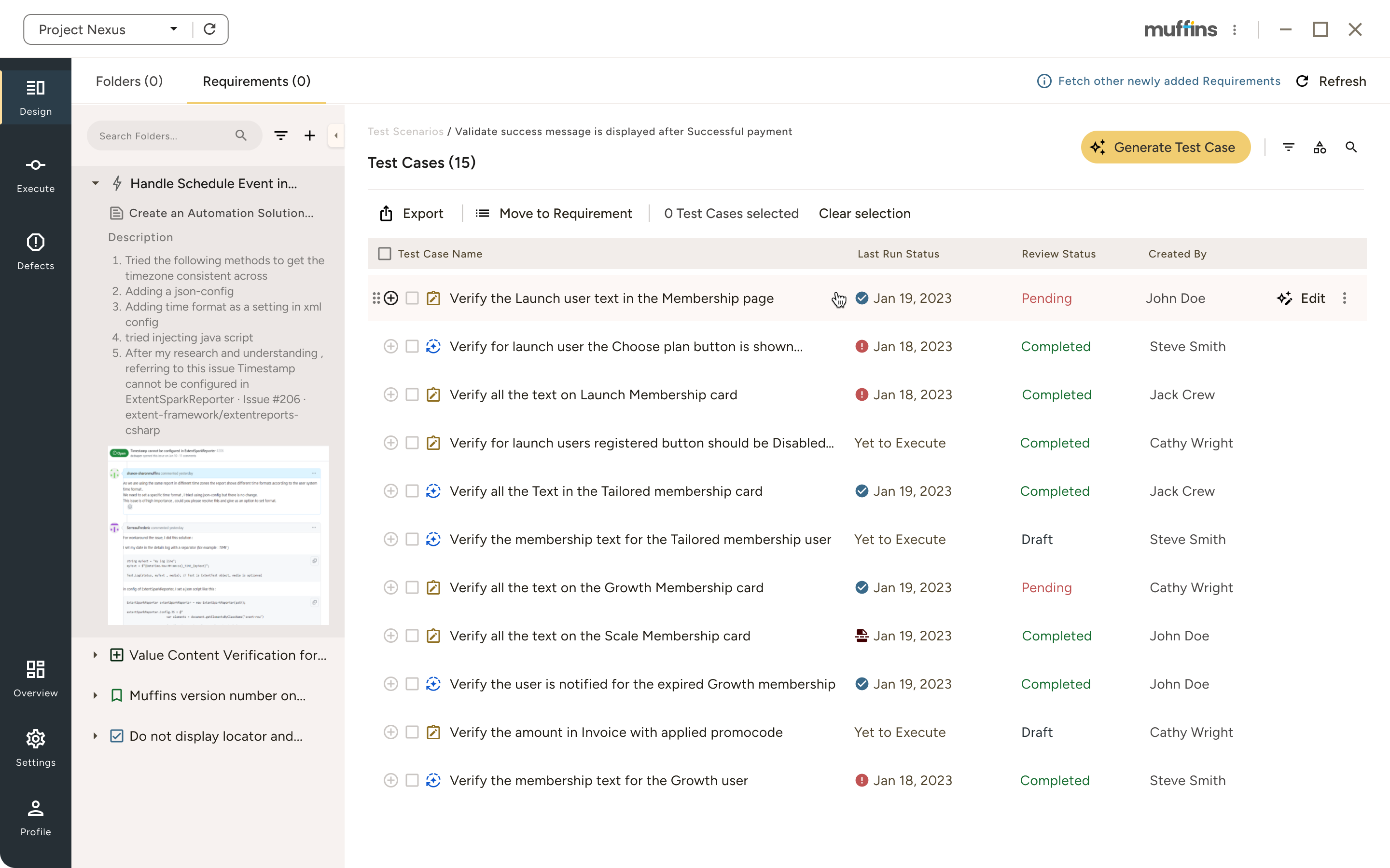User interface of Project Nexus showing the Requirements tab with a list of 15 test cases, including names, last run status, review status, and creators, alongside options to export, move, generate test cases, and refresh.
