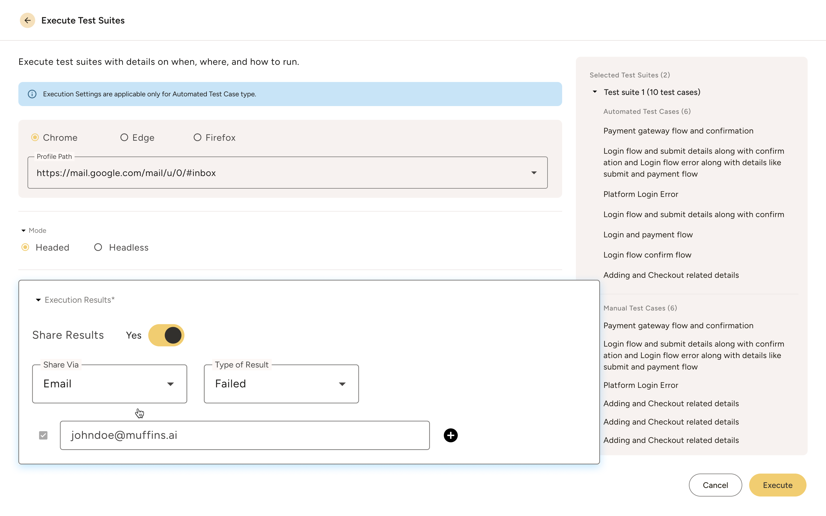 User interface for executing test suites with options to select browser type, mode, share results via email, and a list of selected test cases including automated and manual test cases.