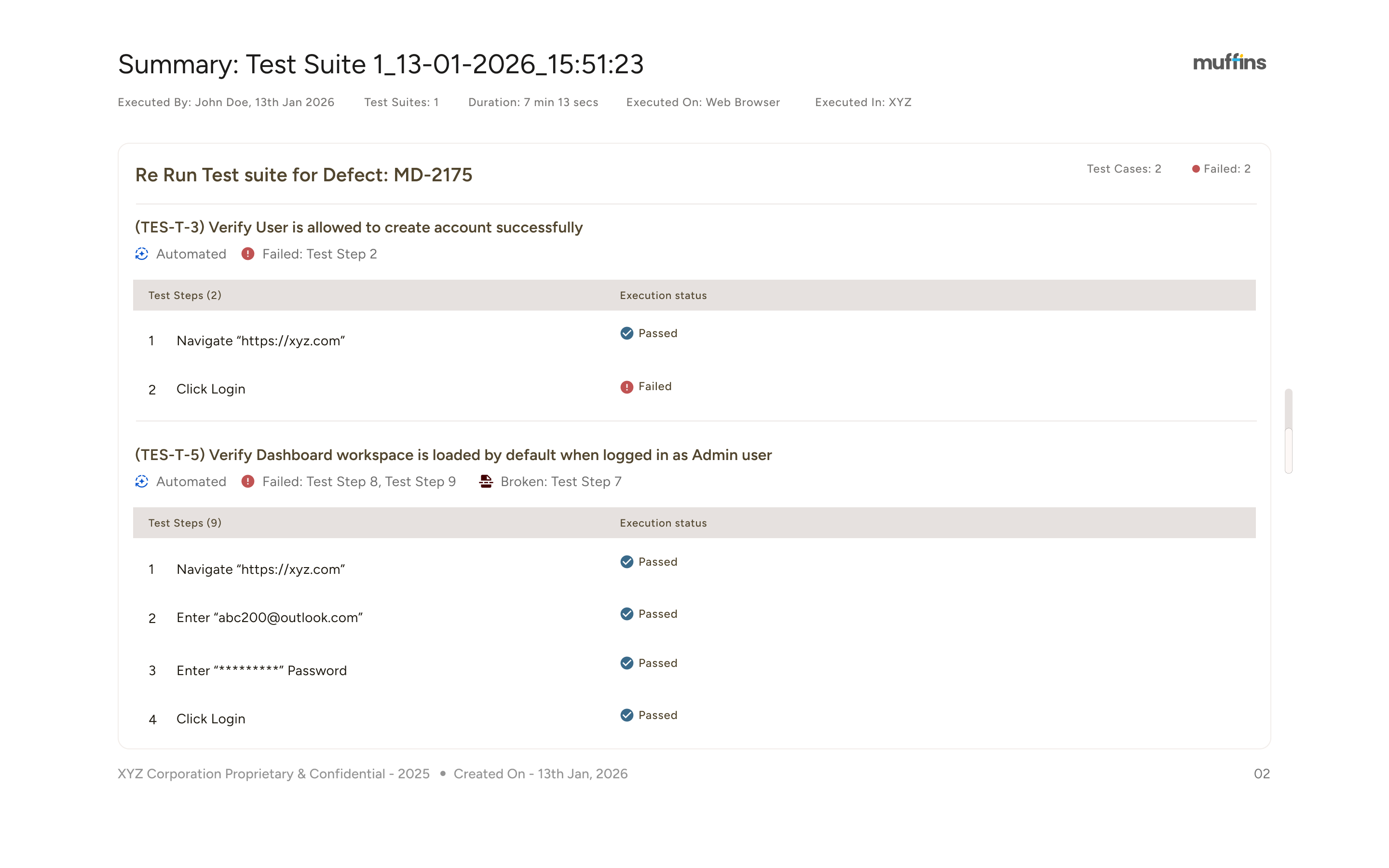 Automated test report summary showing two test cases for defect MD-2175, listing steps and execution status with some failures on login steps.