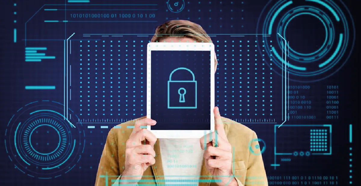 Woman with her face covered by a tablet. Identity as a Service has grown a lot recently and the main technology is biometric verification