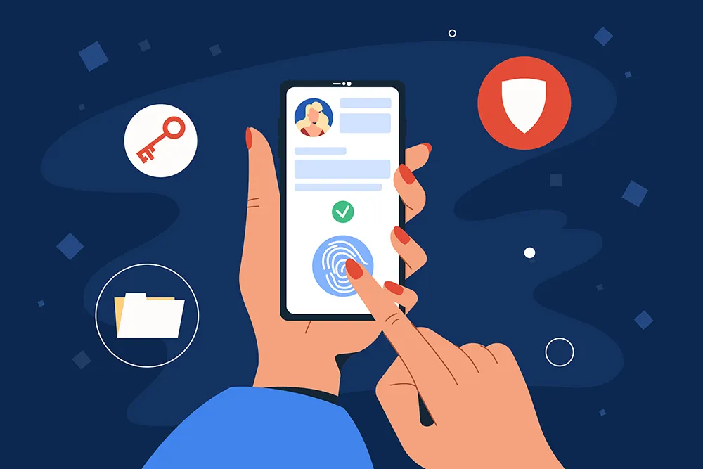 A hand with a cell phone accessing applications for checking and representing Identty Authentication with data around the image