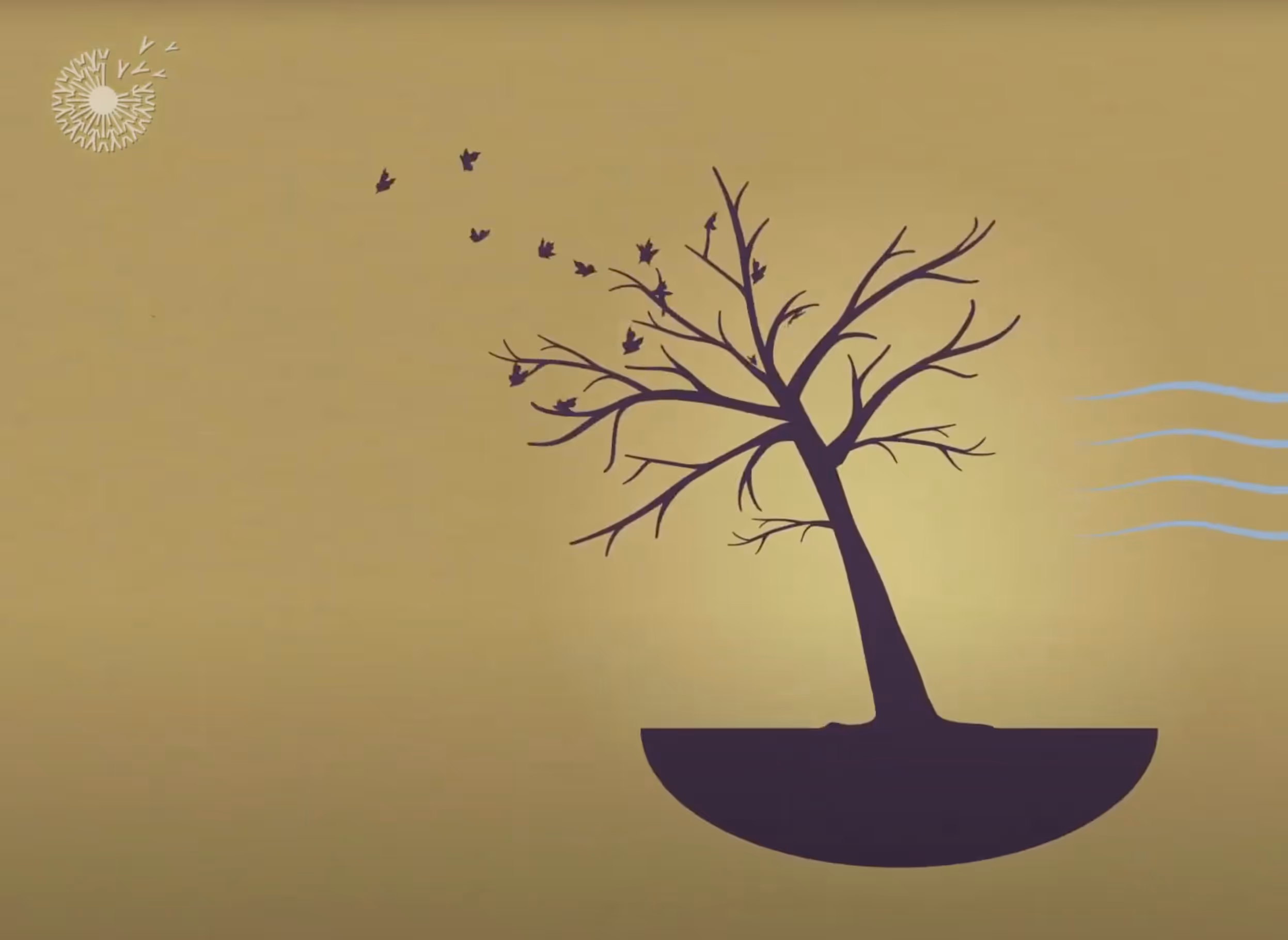 Silhouette of a leafless tree with some leaves flying away like birds against a muted yellow background with a sun-like emblem and blue wind lines.